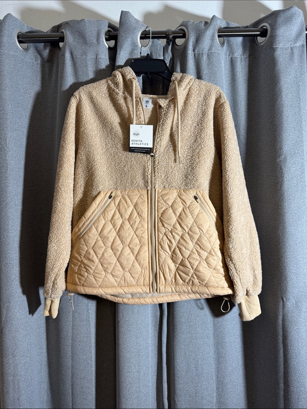 Senita Athletics Beige Quilted & Sherpa Zip Hoodie